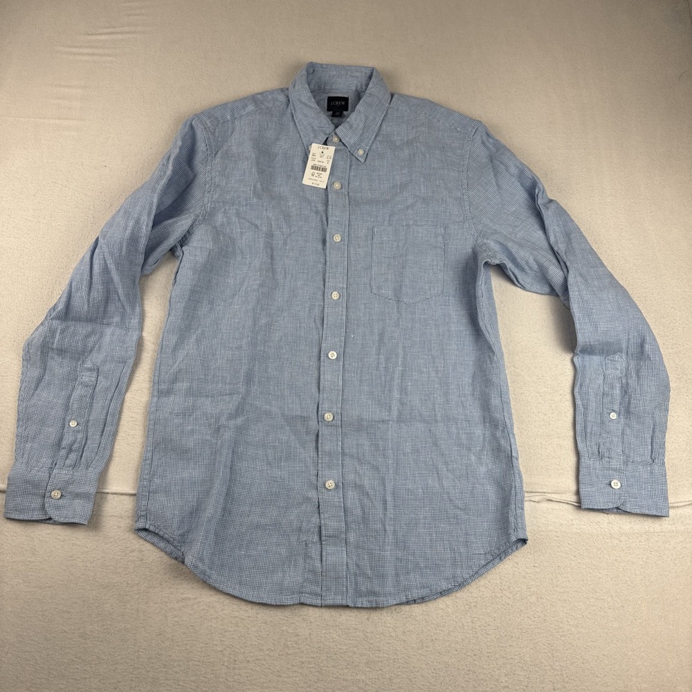 New! J Crew Blue White Houndstooth Linen Blend Mens Casual button down shirt Med